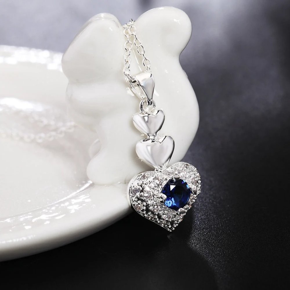 Beautiful 4 Pc Set Sapphire Heart Pendant & Earrings, w.18 Chain Sterling Silver - Picture 2 of 10
